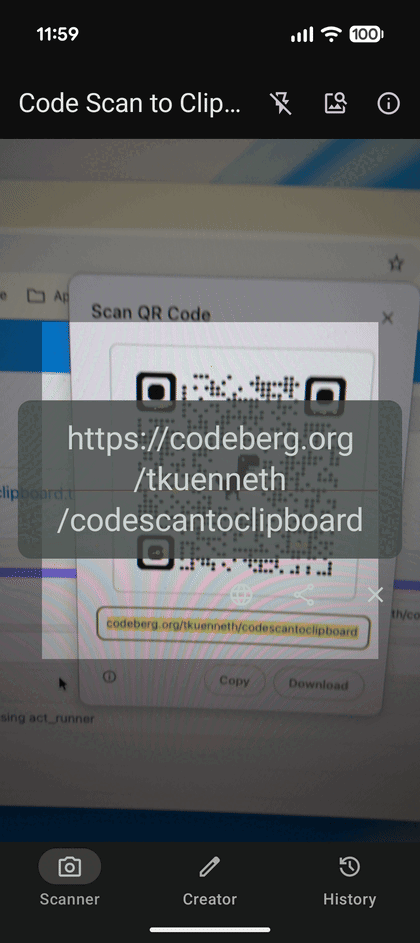 Code Scan to Clipboard screenshots: Scanner, Creator, and History